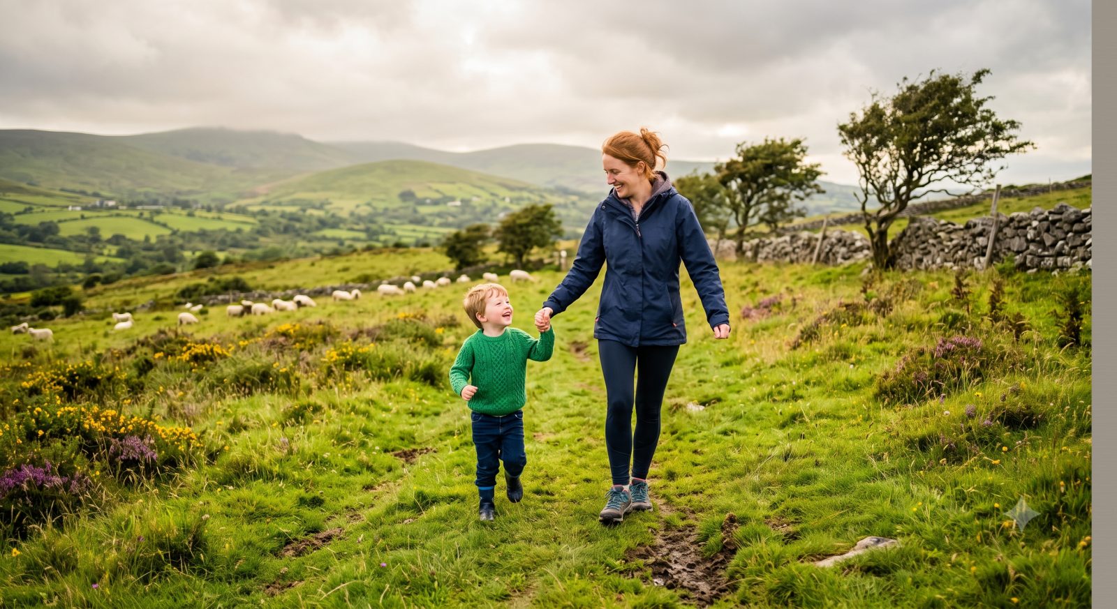 A family walking through the Irish countryside